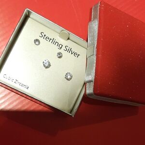 Lot of 2 Pairs Solid Sterling Silver Cubic Zirconia Earrings Studs Set Gift Box